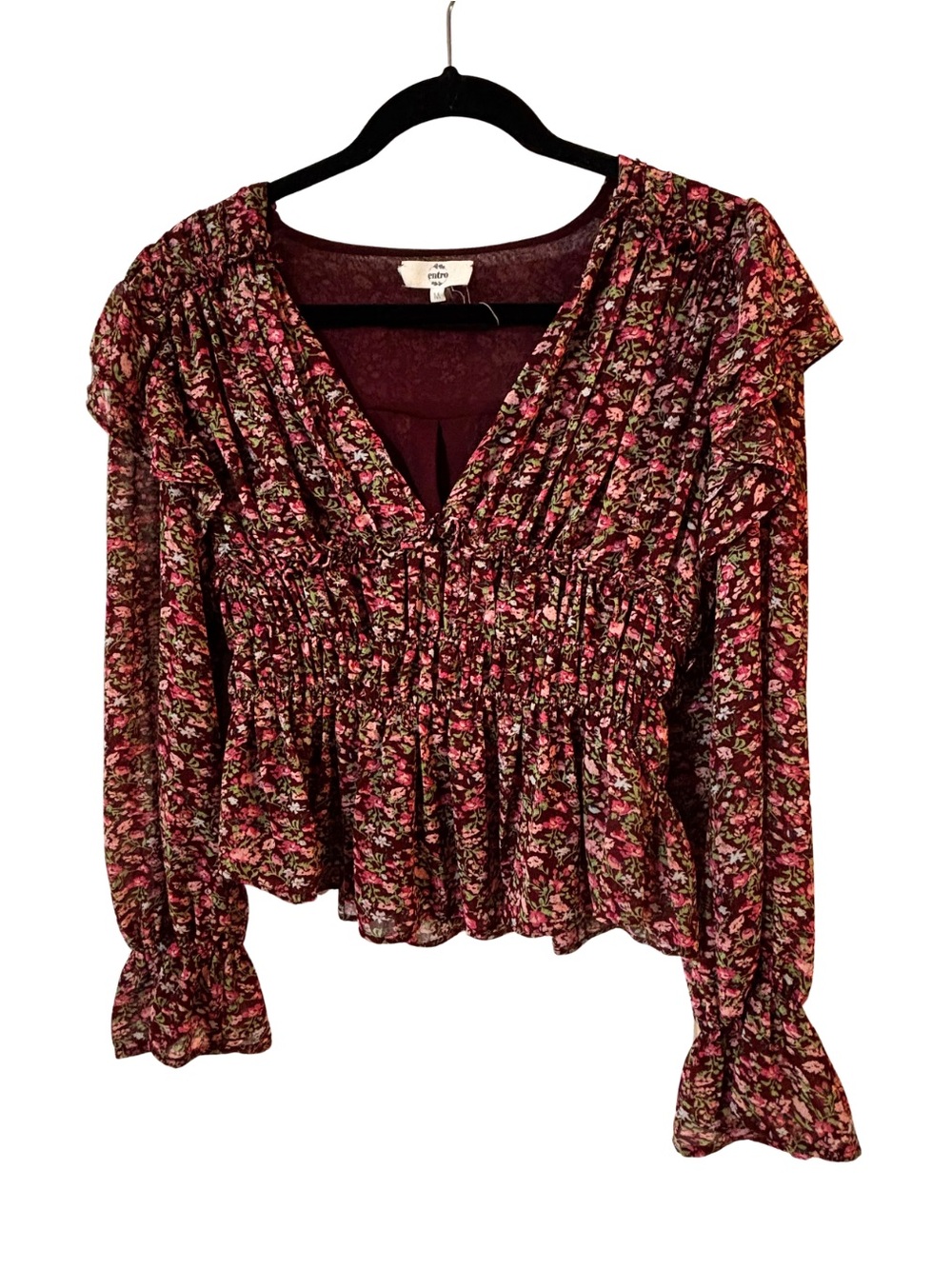 entro Pink Floral Smocked V-Neck Blouse